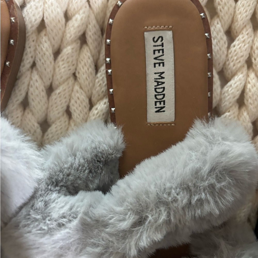 Steve Madden Tan and Gray Fur Slippers